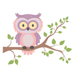 Cute owl sitting on tree branch. Forest animal character isolated on white background.