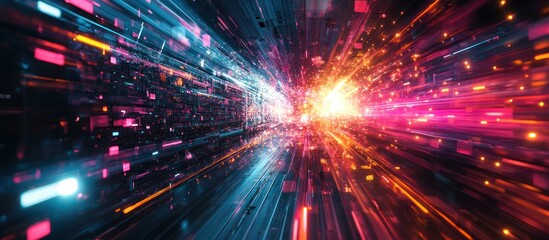 Fototapeta premium Abstract background with streaks of light in blue, orange, and pink colors.