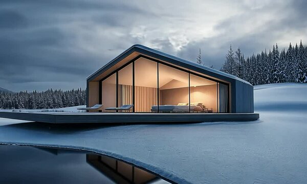 Scandinavian home on an icy ledge, with a clean facade and expansive windows, overlooking a frozen lake and snowy landscape