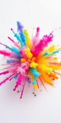Vibrant explosion of colored powder against a pure white backdrop, party