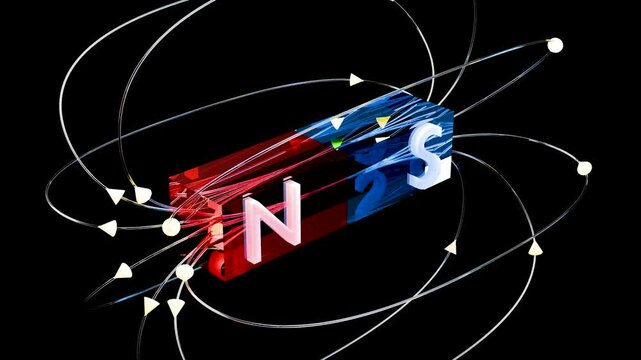 Magnetic field, Blue and Red Bar magnet, electromagnet physics education of science, south and north power lines and arrows, alpha channel, Seamless loop, polarity attraction, Energy flows, 3d render