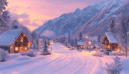 Cozy cabins nestled in snowy mountains. A perfect winter scene for Christmas cards or holiday marketing.