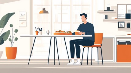 A man sitting at a high table in a modern office, enjoying his lunch box during a break, with a stylish workspace in the background