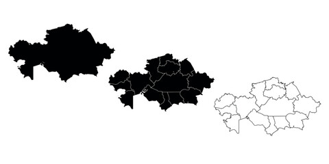 Set of three Kazakhstan map silhouettes in black and outline style with regions.