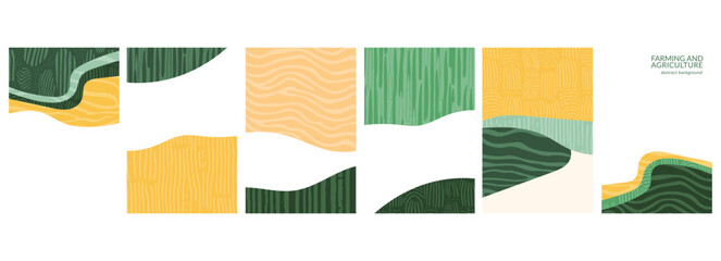 Abstract geometric pattern of sustainable agriculture. Green field illustration, rice, wheat, tea, vineyard, corn, forest in eco-friendly design. Modern, flat layout, aerial map, organic countryside