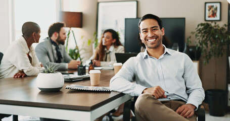 Leadership, portrait and smile of business man in boardroom of office with colleagues for planning....