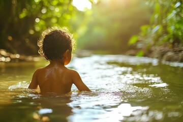 Child swimming in a river, looking ahead.