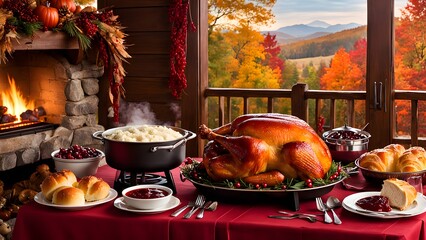 A beautifully prepared Thanksgiving feast is laid out on a table in front of a fireplace and a scenic view of fall foliage.