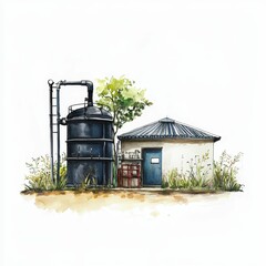Naklejka premium Water tower, building, tree, grass, watercolor painting.