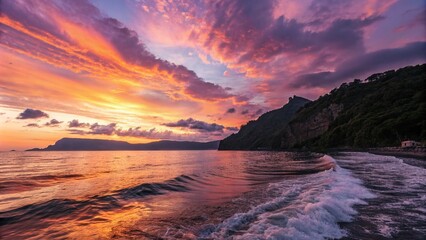 Obraz premium Captivating Sunset at Sea: A Beautiful Transition from Day to Night with Bokeh Effect Highlighting Vibrant Colors and Calming Waves for a Serene Atmosphere