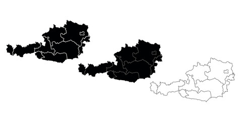 Set of three Austria map silhouettes in black and outline style with regions.
