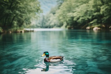 Obraz premium A duck swims in a calm blue river.