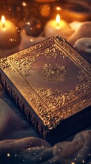 Fototapeta premium Ornate book with golden decoration surrounded by candles