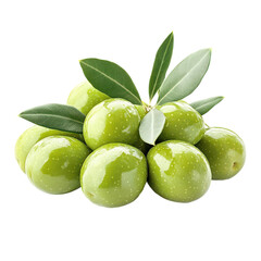 Obraz premium Fresh green olives with leaves, glossy ripe olive fruit cluster, Mediterranean ingredient for cooking and gourmet cuisine isolated PNG with Transparent Background