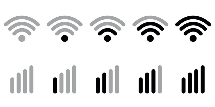 Set of WiFi and cellular signal strength icons in increasing levels from low to full.