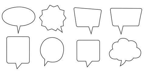Outline style speech bubble set with eight different shapes for messaging or comments.