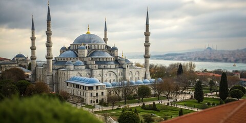Naklejka premium Captivating Tilt-Shift Photography of the Blue Mosque Showcasing Intricate Architecture, Majestic Domes, and Serene Surroundings in a Miniature Effect