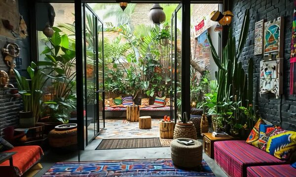 Bohemian hotel lobby with vibrant textiles, eclectic decor, and a view of a lush garden