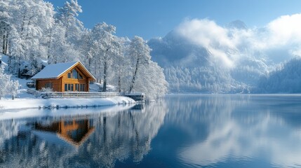 Fototapeta premium A wooden cabin sits on a snowy lakeshore with a mountain range in the background and a clear blue sky.