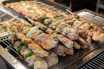 roasting the chicken skewers on the grill