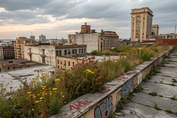 Fototapeta premium Captivating Urban Decay: Rooftop Views of a Weathered Cityscape Showcasing the Beauty of Abandoned Buildings and Crumbling Structures Against a Gritty Skyline