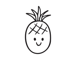 Pineapple funny character with a smile doodle hand drawn icon. Pineapple happy smiling drawing clipart outline element.