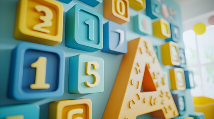 Colorful 3D Number Blocks on Blue Wall Illustration