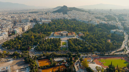 Athens, Greece. Zappion is a building in the classical style. Built by the Austrian architect Theophil von Hansen (1813 - 1891). Zappion completed in 1888, Aerial View