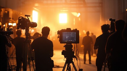 Fototapeta premium Film Crew Silhouettes in a Studio Setting with Cameras and Lighting Equipment