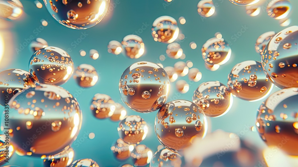 Poster 3D shiny smooth spheres floating against a gradient background