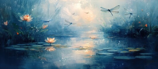 Obraz premium A dreamy landscape with water lilies, dragonflies and a peaceful pond.