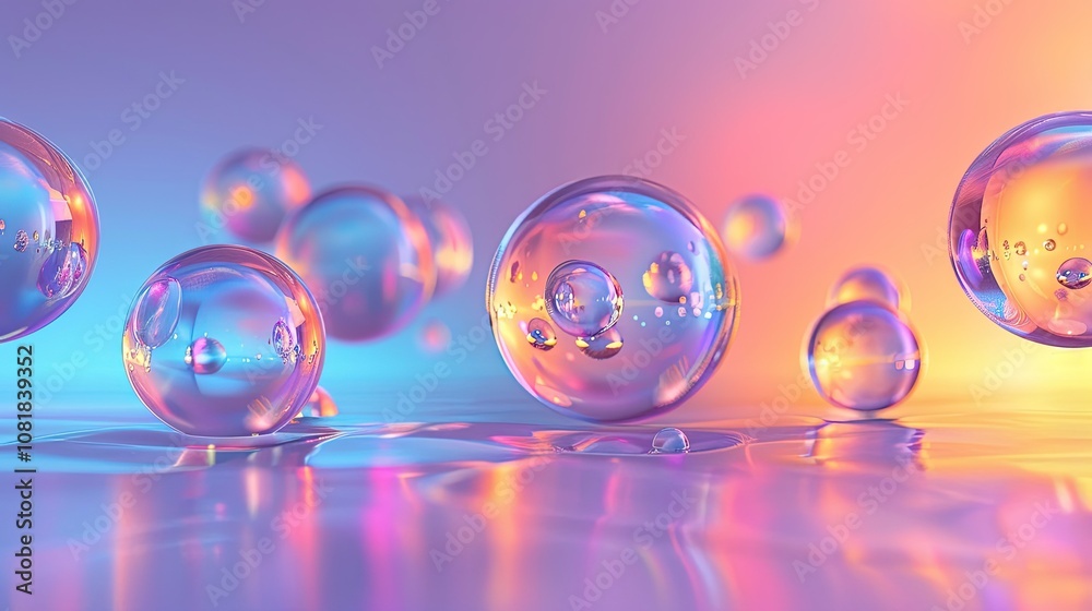 Poster 3D shiny smooth spheres floating against a gradient background