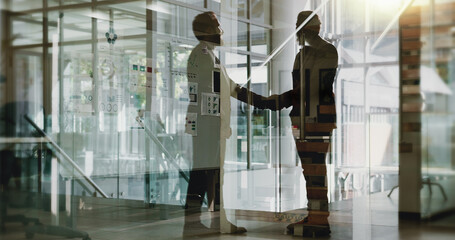 Business, men and handshake for welcome in office with partnership, introduction and meeting success. People, silhouette and agreement respect for promotion deal, onboarding offer and b2b opportunity