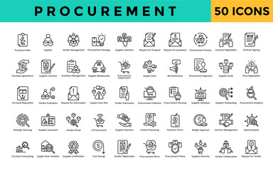 Procurement icons set with purchase order, supplier, vendor management, procurement strategy, supplier selection, request for proposal, request for quotation icon. Simple line vector 
