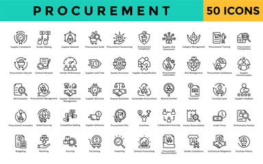 Procurement icons set with supplier compliance, vendor bidding, supplier network, procurement audit, procurement outsourcing, procurement compliance icon. Simple line vector 
