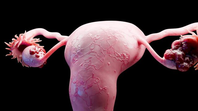 Ovarian malignant tumor, Female uterus anatomy, Reproductive system, cancer cells, ovaries cysts, cervical cancer, alpha channel, gynecological disease, metastasis cancerous, duplicating, 3d render