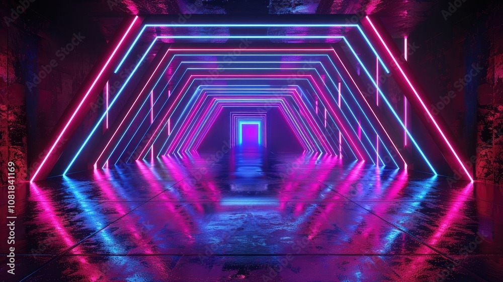 Poster 3d geometric patterns with neon lights and reflections