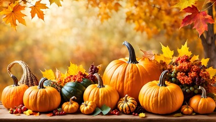 A collection of pumpkins, gourds, and fall leaves arranged on a wooden table with a blurred background of autumn foliage.