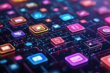 Abstract digital background with glowing icons connected by circuit board-like lines.