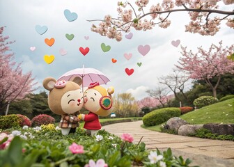 Fototapeta premium Charming Panoramic Scene of Adorable Cartoon Characters in Love, Surrounded by Heart Shapes and Colorful Clouds, Celebrating Romance in a Whimsical Garden Setting