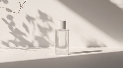 A minimalist beauty product display featuring a clear glass bottle on a white background, highlighting the clean and modern packaging design