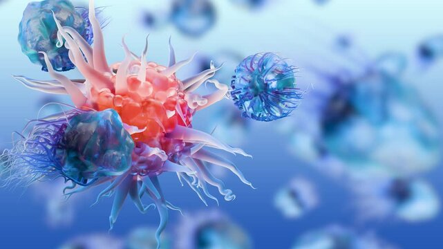 body immune response viral infection by releasing Cytokines, Cancer Immunotherapy, T cell and B-cell immune system fighting viruses, Macrophage, Dendritic or cancer tumor cells, Bacteria, 3d render