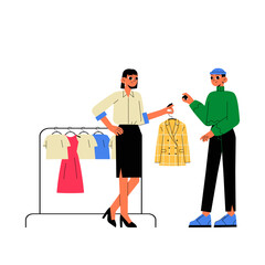 Female Sales Assistant Showing Jacket To Male Shopper In Flat Vector Illustration Symbolizing Fashion Retail, Shopping Experience, And Customer Assistance, Isolated On White Background.