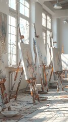 Paint-splattered easels in a bright art studio. AI.