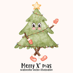 Christmas tree, groovy, retro, watercolor christmas. Groovy christmas