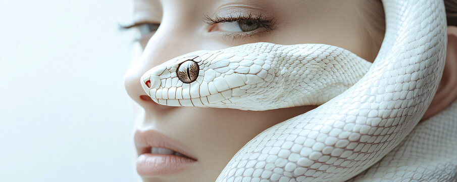 Eye-level view of a woman head with a white snake elegantly coiling around it, focusing on the luxurious texture of the snake scales, generative AI.