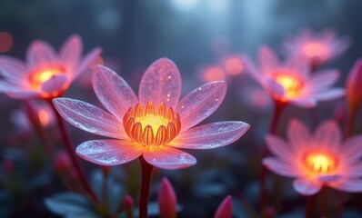 Illuminated pink water lilies in misty garden