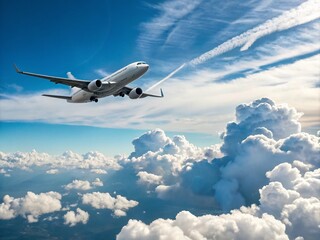 Obraz premium Civilian Airliner Soaring Rapidly Above Majestic Clouds with Clear Blue Sky and Ample Copy Space for Text or Branding Purposes