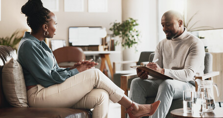 African man, psychologist and woman with writing, notes or checklist for mental health...