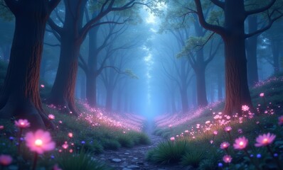 Enchanted forest with blooming flowers